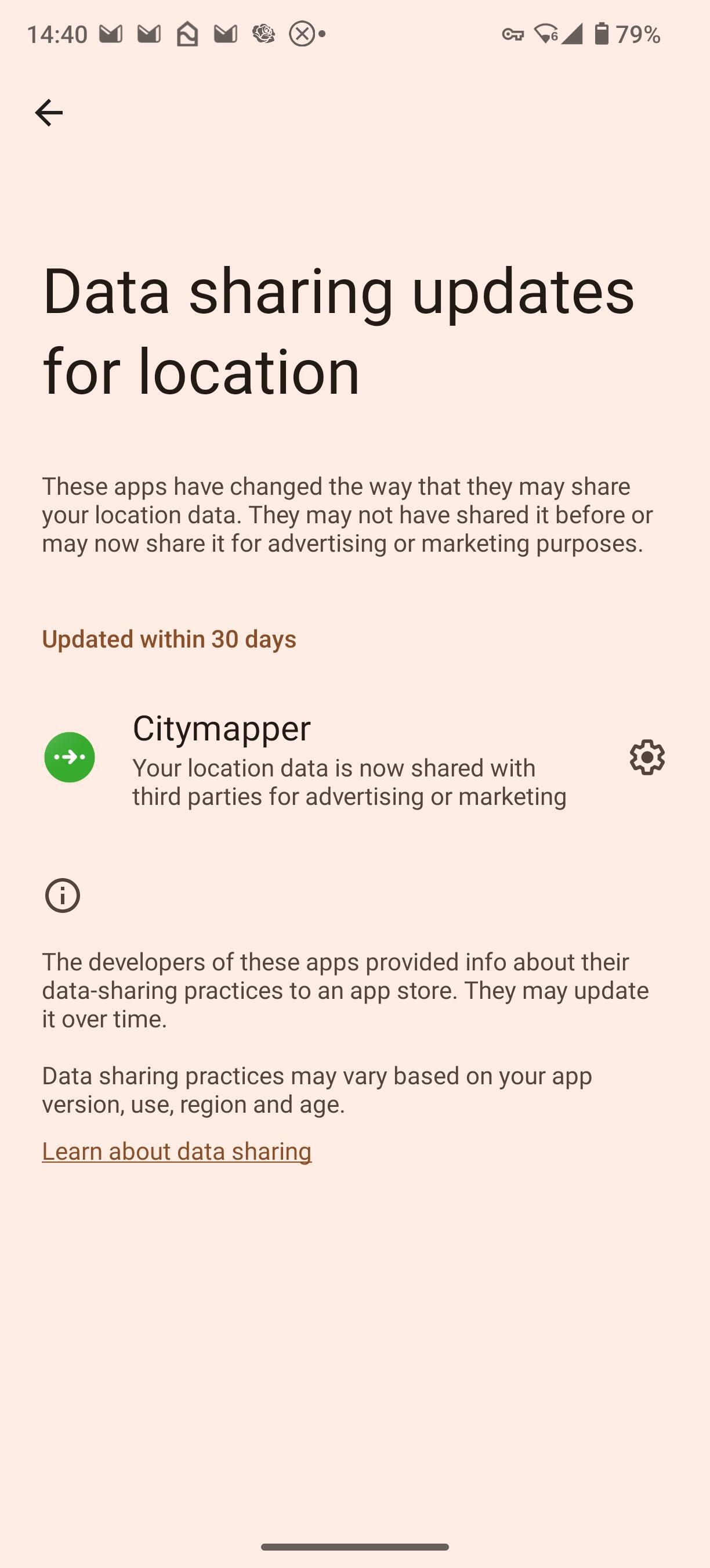 Screenshot of Android warning about Citymapper's new abuse of user location data. It reads "Citymapper. Your location data is now shared with third parties for advertising or marketing".